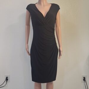 Ralph Lauren Black V Neck Wrap Style Ruched Sheath Dress LBD Size: 12